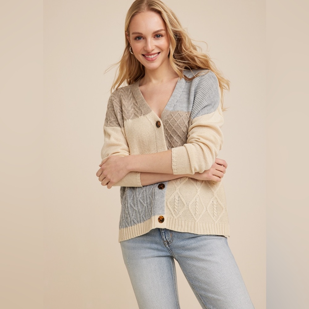 Maurice's Patchwork Cable Knit Cardigan Sweater Medium